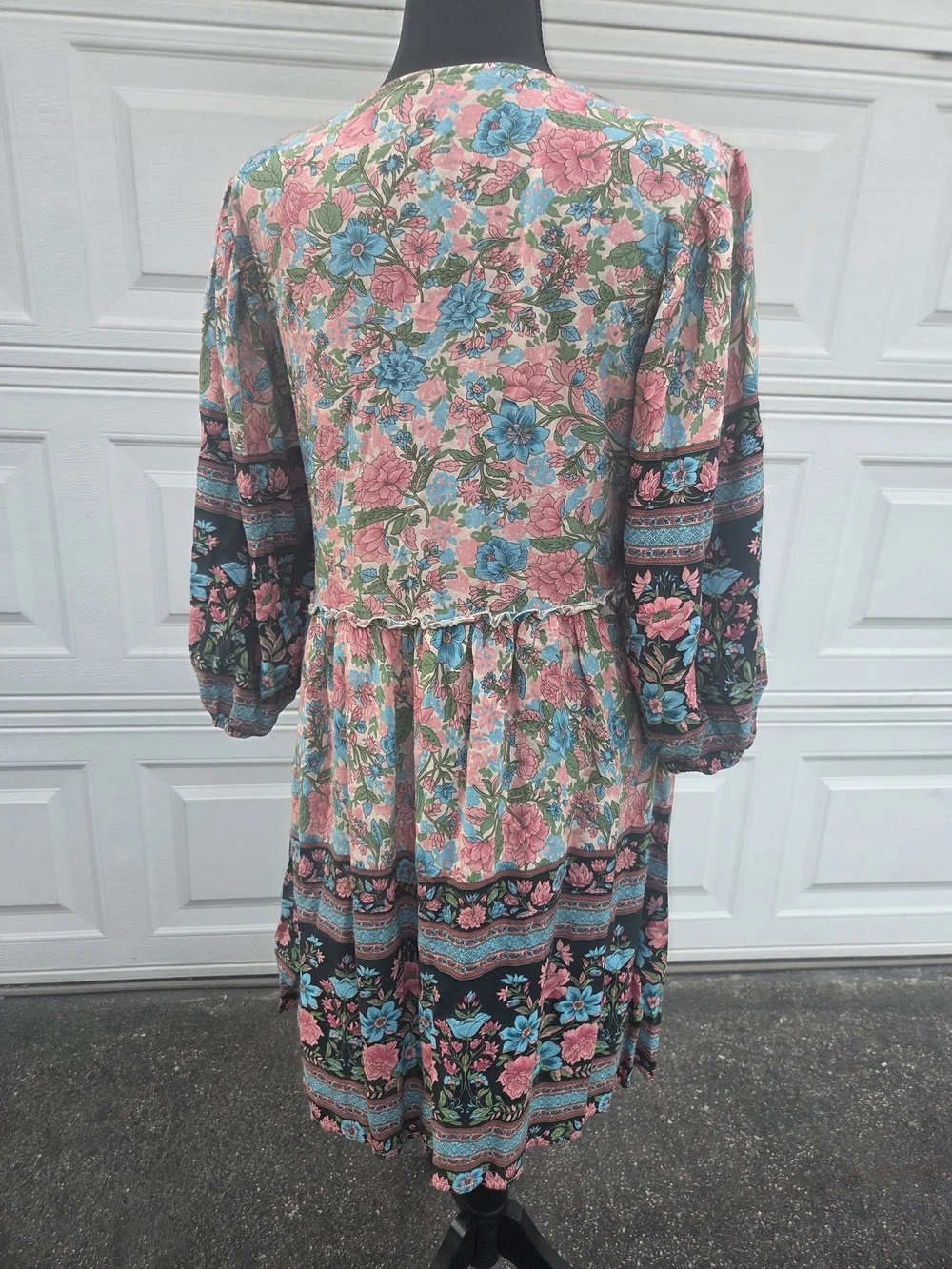 BTFBM Floral Boho Babydoll Mini Dress Pink Blue Long Sleeve V-Neck Size M - Picture 3 of 14
